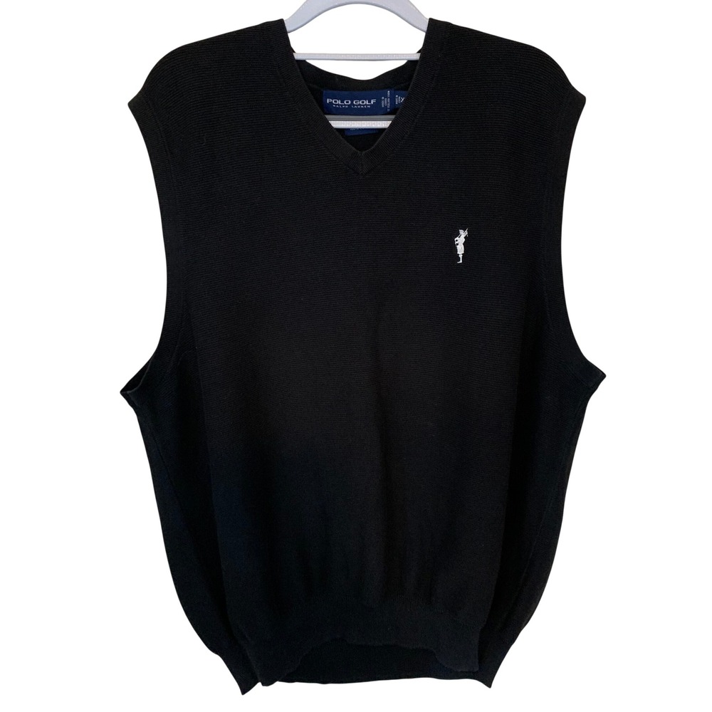 Polo Golf Ralph Lauren Sweater Vest Mens XL Black Bagpiper V-Neck Cotton Knit